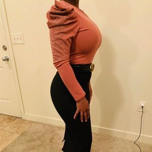 Shoulder pad collar peach sparkly top